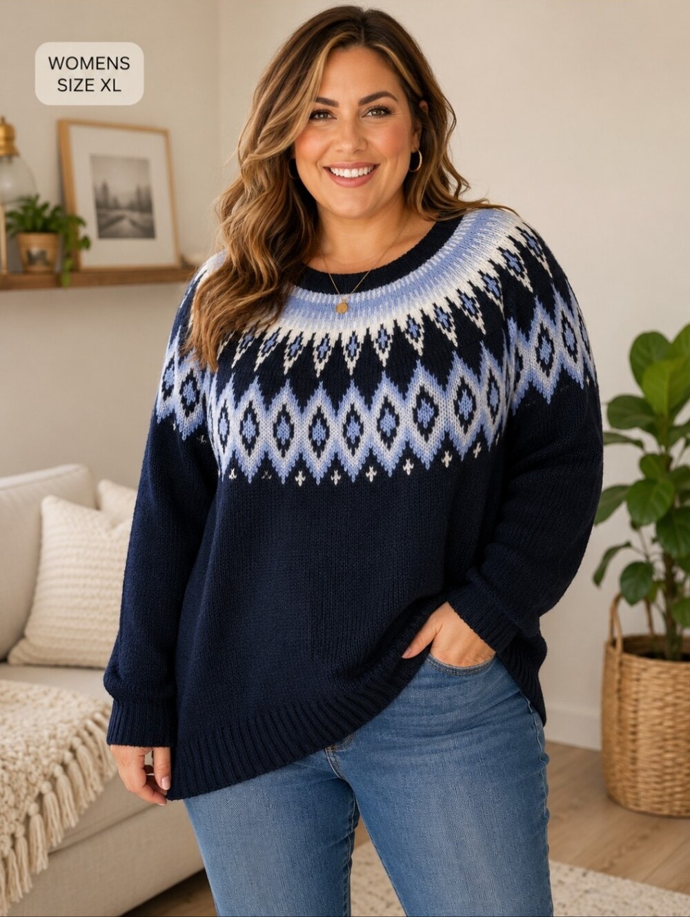 Plus-Size Navy Fair Isle Sweater - Blue Patterned Knit